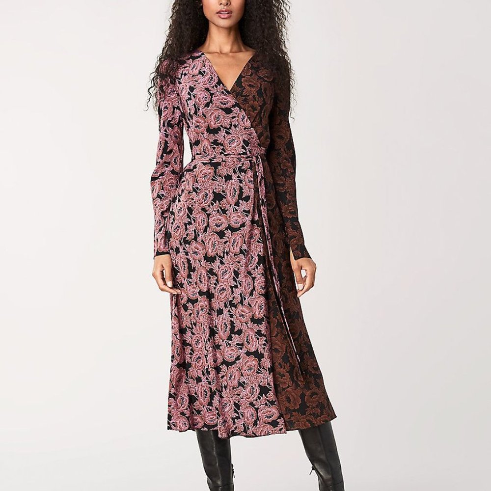 DVF Tilly Silk Twill Midi Wrap Dress in Camellias Small Multi Size Small